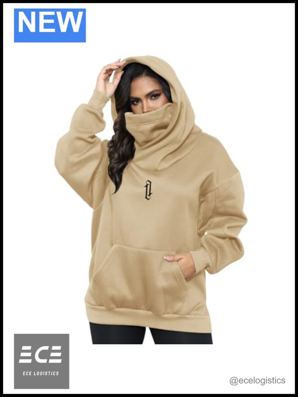 Oversized Fleece Hoodie with Built-In Neck Gaiter Cotton Blend